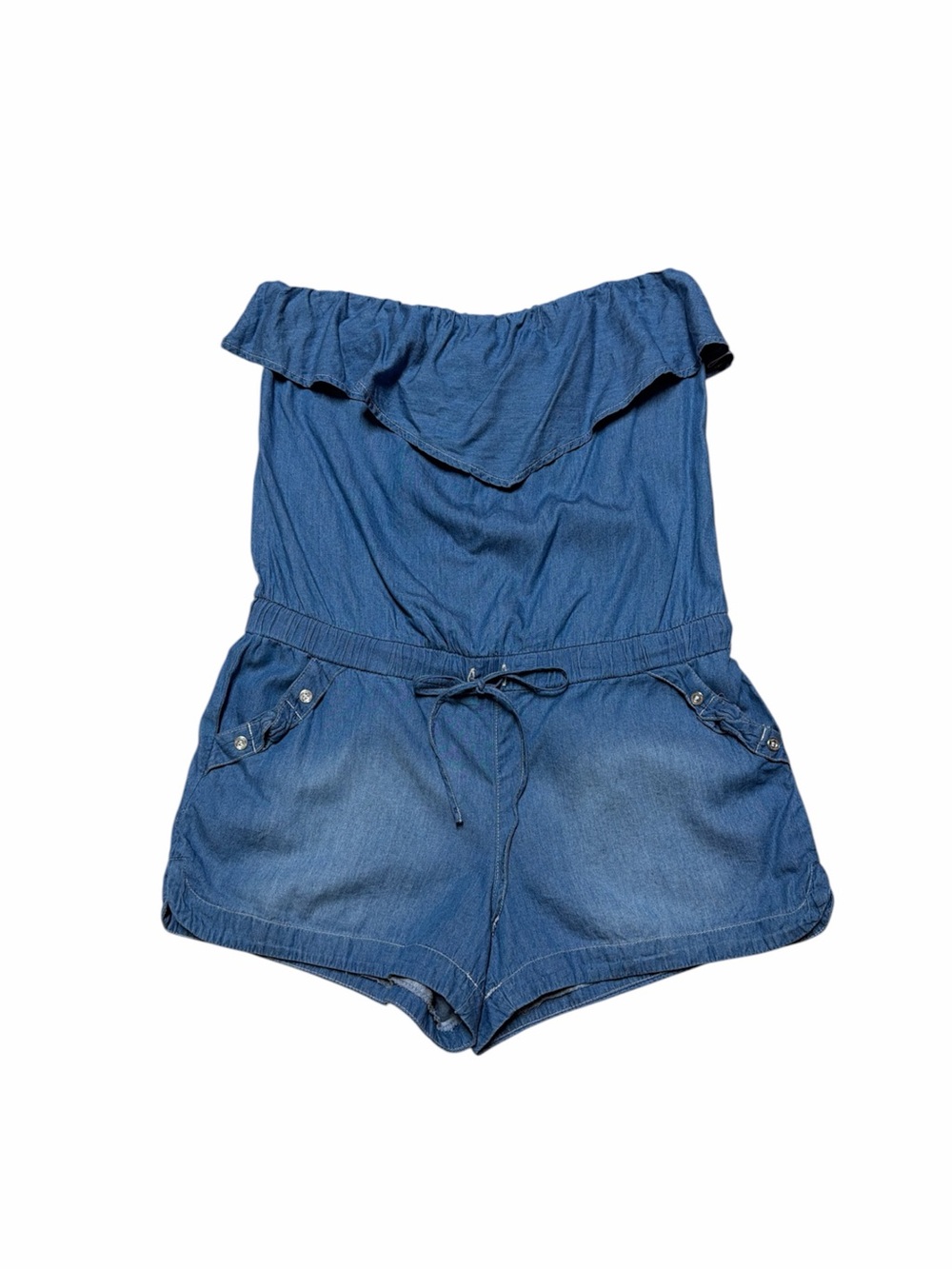 Y2K Sequin Hearts Strapless Romper Women’s L Blue Denim Ruffle Top Shorts Jumper
